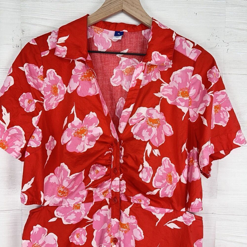Old Navy Cutout Midi Shirt‎ Dress Women XL Red Floral Short Sleeve Button Collar - Picture 4 of 15